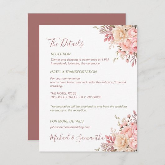Elegante roze en ivoor Roos Spring Wedding Informatiekaartje (Voorkant / Achterkant)