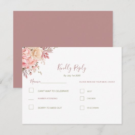 Elegante roze en ivoor Roos Spring Wedding RSVP Kaartje (Voorkant / Achterkant)