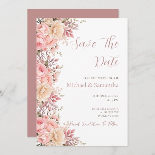 Elegante roze en ivoor Roos Spring Wedding Save The Date (Voorkant / Achterkant)