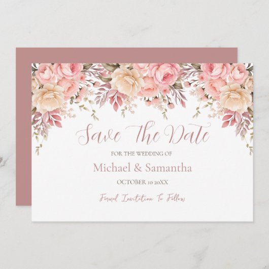 Elegante roze en ivoor Roos Spring Wedding Save The Date (Voorkant / Achterkant)
