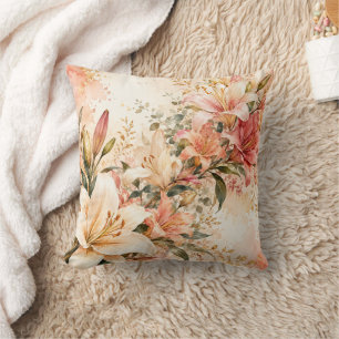 Elegante Roze en Koraal Aquarel Lelie Tuin Kussen
