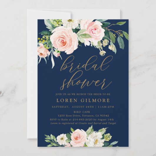 Elegante Roze en Marine Bloemige Bruidsdouche Kaart (Voorkant)