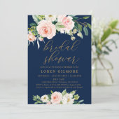 Elegante Roze en Marine Bloemige Bruidsdouche Kaart (Staand voorkant)