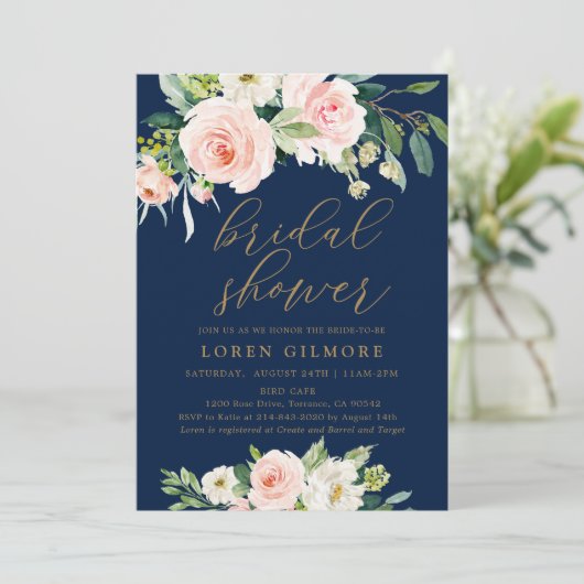 Elegante Roze en Marine Bloemige Bruidsdouche Kaart (Staand voorkant)