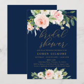 Elegante Roze en Marine Bloemige Bruidsdouche Kaart (Voorkant / Achterkant)