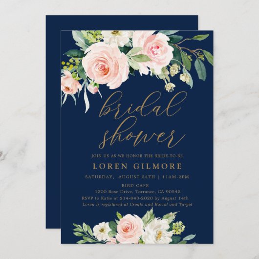 Elegante Roze en Marine Bloemige Bruidsdouche Kaart (Voorkant / Achterkant)