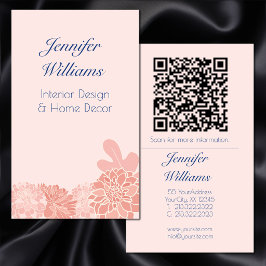 Elegante roze en marineblauwe bloemencode QR-code Visitekaartje