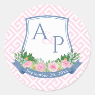 Elegante Roze En Marineblauwe Monogram Trouw Wapen Ronde Sticker