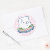 Elegante Roze en Navy Monogram Wedding Crest Favor Ronde Sticker (Envelop)