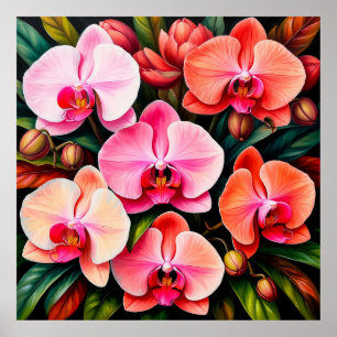 Elegante roze en Oranje orchidee bloemen arrangeme Poster
