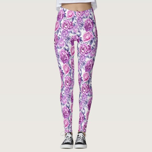 Elegante roze en Paarse bloemen Leggings (Voorkant)