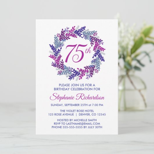 Elegante roze en Paarse krans 75e verjaardag Kaart (Staand voorkant)