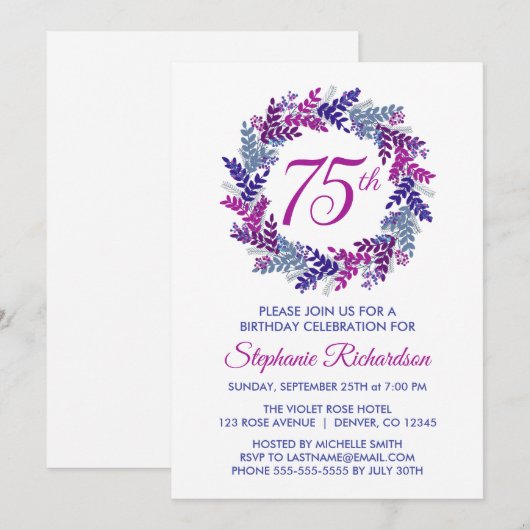 Elegante roze en Paarse krans 75e verjaardag Kaart (Voorkant / Achterkant)