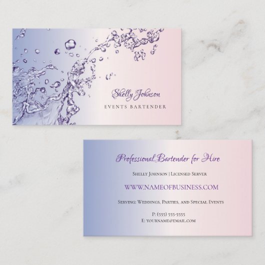 Elegante Roze en Paarse Splash Evenementen Bartend Visitekaartje (Voorkant / Achterkant)