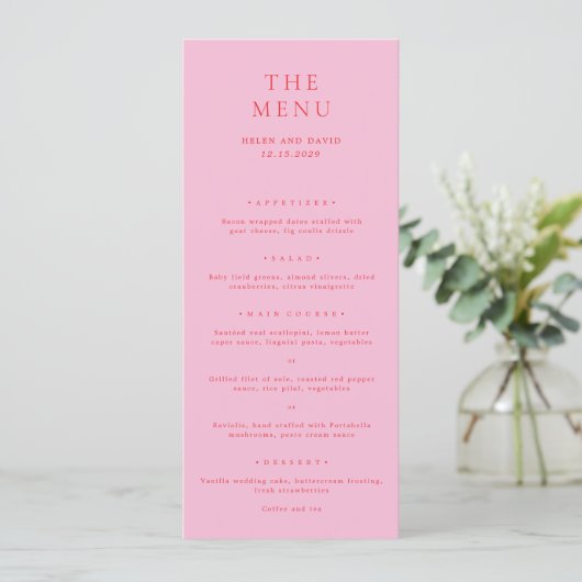 Elegante Roze en Rode Klassieke Trouwdag Menu (Staand voorkant)