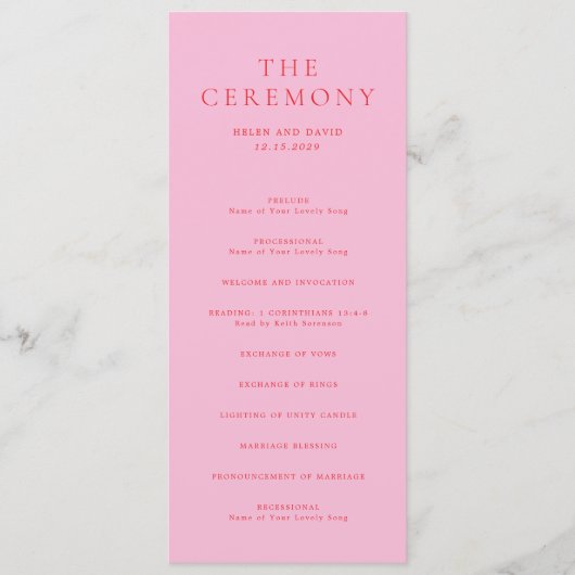 Elegante Roze en Rode Klassieke Trouwdag Programmakaart (Voorkant)