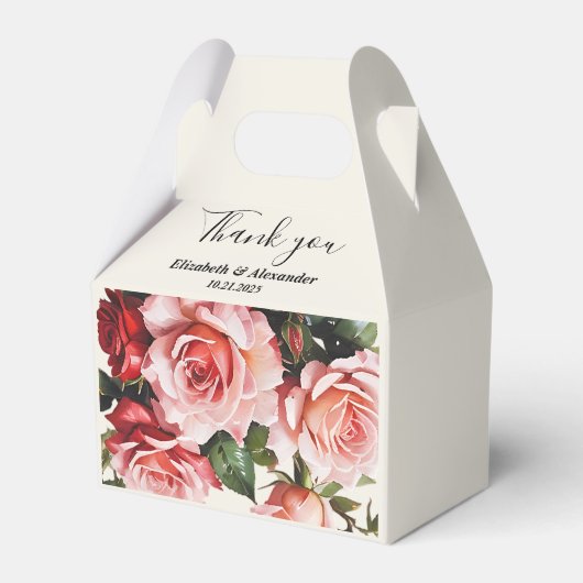 Elegante roze en rode rozen bloemenbruiloft bedankdoosjes (Voorkant Zijde)