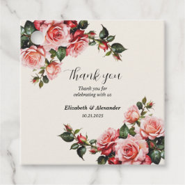 Elegante roze en rode rozen bloemenbruiloft bedankjes labels
