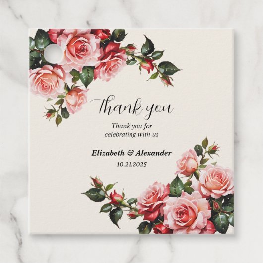 Elegante roze en rode rozen bloemenbruiloft bedankjes labels (Voorkant)