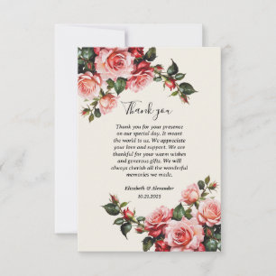 Elegante roze en rode rozen bloemenbruiloft bedankkaart