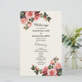 Elegante roze en rode rozen bloemenbruiloft progra (Staand voorkant)