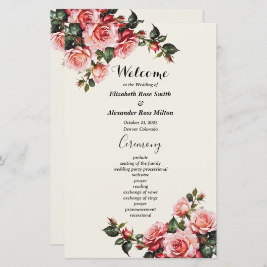 Elegante roze en rode rozen bloemenbruiloft progra (Voorkant / Achterkant)