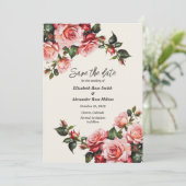 Elegante roze en rode rozen bloemenbruiloft save the date (Staand voorkant)