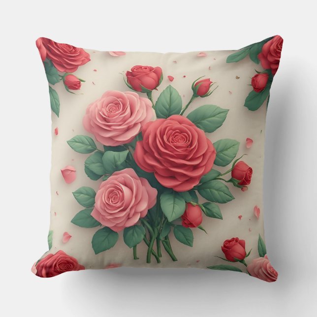 Elegante Roze en Rode Rozen Boeketten Kussen (Voorkant)