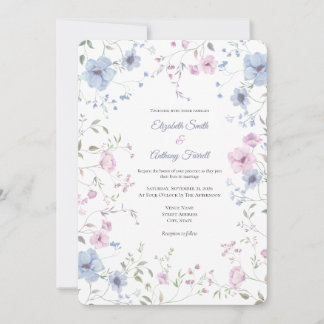 Elegante Roze en Stofblauwe Bloemige Bruiloft Kaart