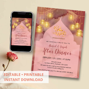 Elegante Roze en Wijnrode gouden Inkt Iftar Kaart