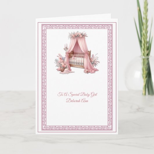 Elegante Roze en Wit Wieg Baby Meisje Doop Kaart (Voorkant)