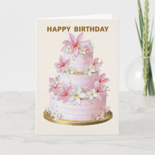 Elegante Roze en Witte Bloem Cake Verjaardagskaart Kaart