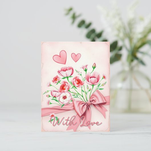 Elegante roze en witte bloemboeket met harten briefkaart (Staand voorkant)