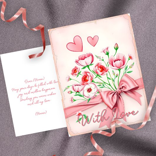 Elegante roze en witte bloemboeket met harten briefkaart