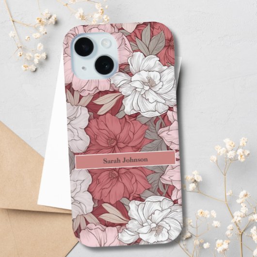 Elegante  Roze en Witte Bloemen Custom Name Case-Mate iPhone Case