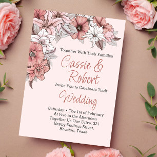 Elegante roze en witte bloemige trouwuitnodiging kaart