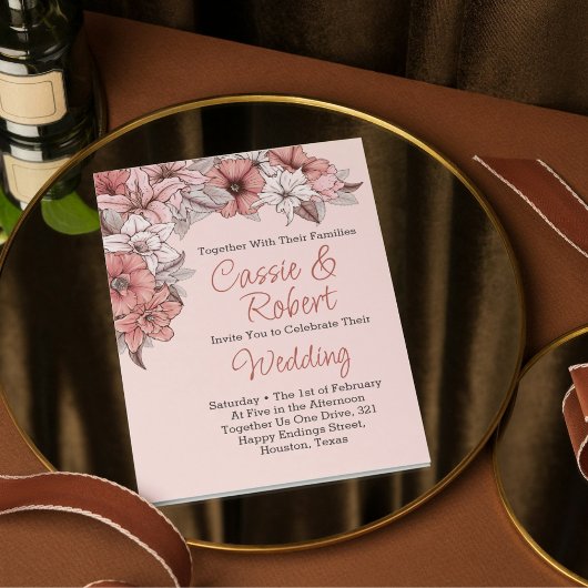 Elegante roze en witte bloemige trouwuitnodiging kaart