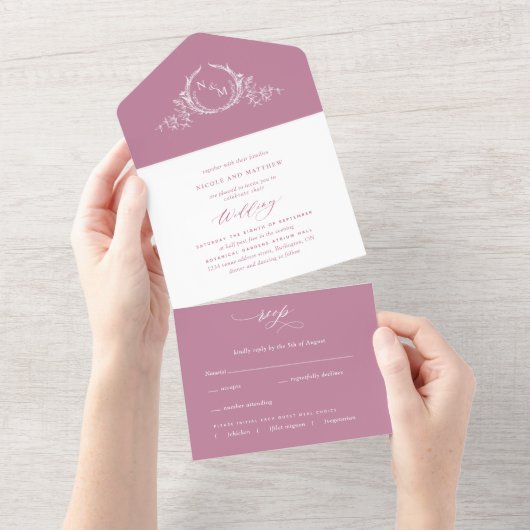 Elegante Roze en Witte Monogram Bruiloft All In One Uitnodiging (Afscheurbaar)