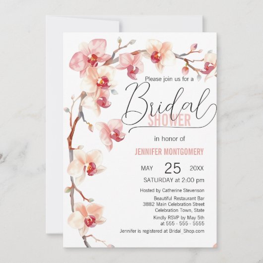 Elegante Roze en Witte Orchidee Bruidsborrel Kaart (Voorkant)