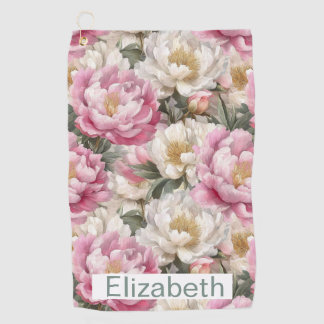 Elegante Roze en Witte Pioen Personalized Golfhanddoek
