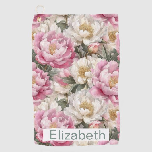 Elegante Roze en Witte Pioen Personalized Golfhanddoek (Voorkant)