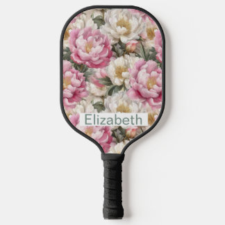 Elegante Roze en Witte Pioen Personalized Pickleball Paddle