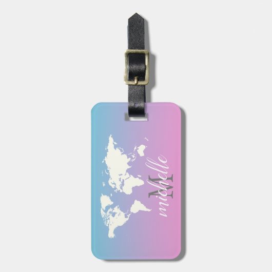 Elegante Roze en Witte Reizen Wereldkaart, Vliegtu Bagagelabel (Voorkant verticaal)