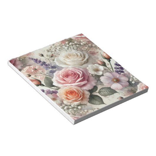 Elegante roze en witte rozenpatroon notitieboekje notitieblok (Schuin)