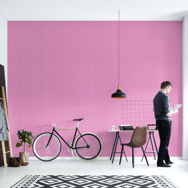 Elegante roze en witte ruit bloem  behang (Woonkamer)
