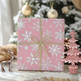 Elegante  roze en witte sneeuwvlokken cadeaupapier