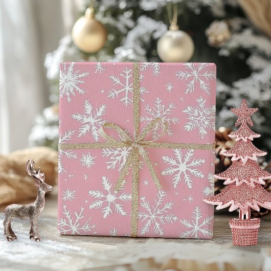 Elegante  roze en witte sneeuwvlokken cadeaupapier