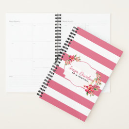 Elegante roze en witte strepen met bloemen planner