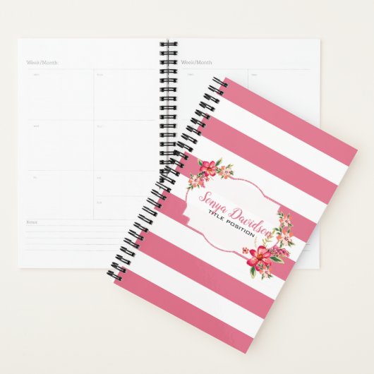 Elegante roze en witte strepen met bloemen planner (Display)