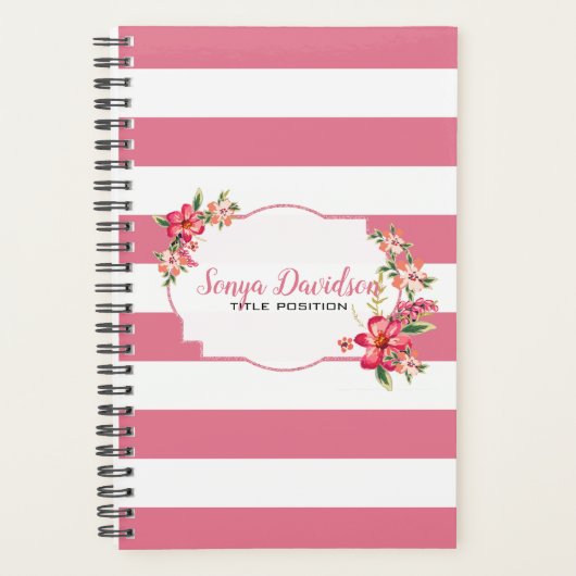 Elegante roze en witte strepen met bloemen planner (Voorkant)